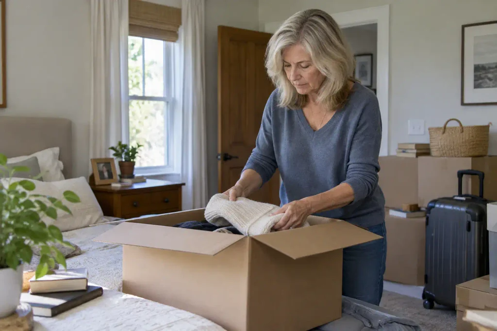 Woman over 50 packing clothes into a moving box for a long-distance relationship move