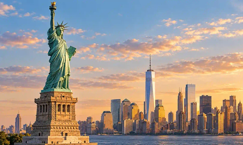 Statue of Liberty with New York City skyline at sunset
