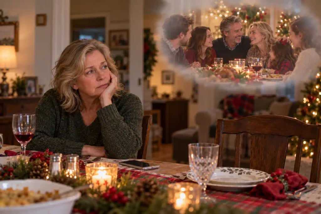Woman over 50 sitting alone at a holiday table while imagining her partner celebrating with his ex-wife and family