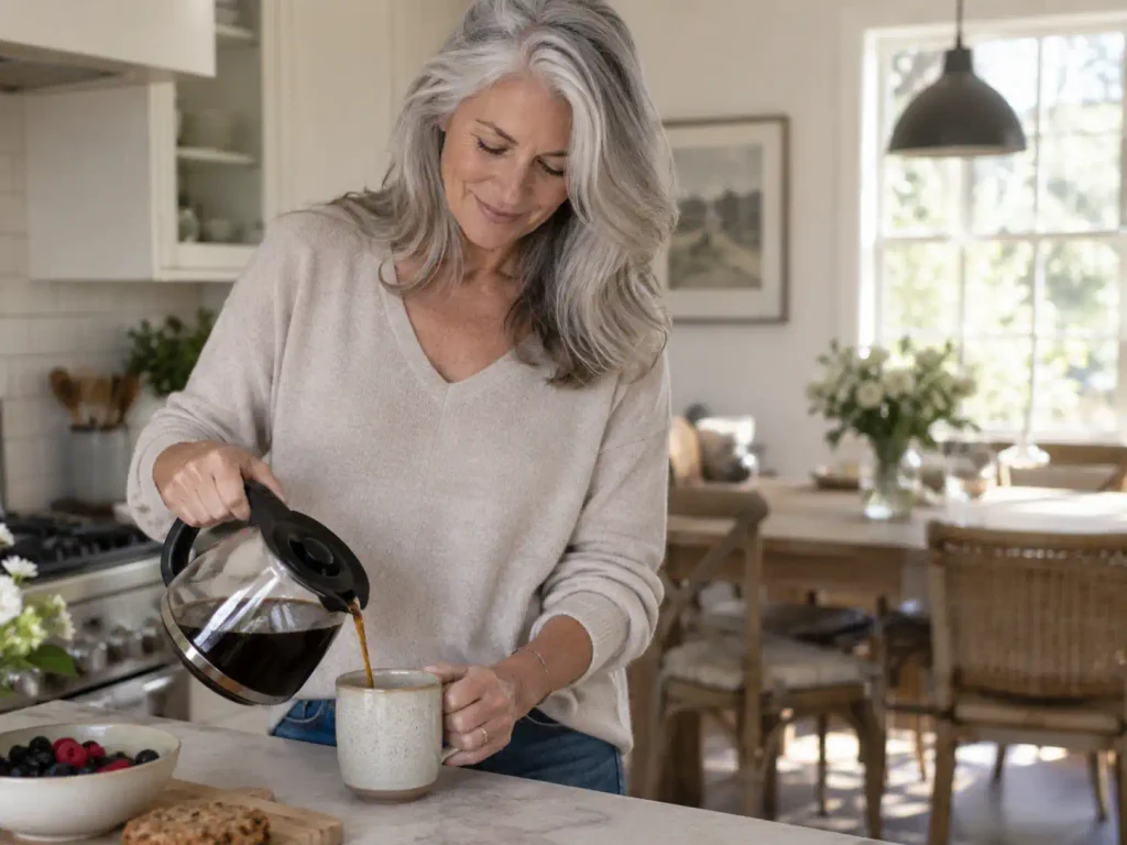 Silver-haired woman pouring coffee at home