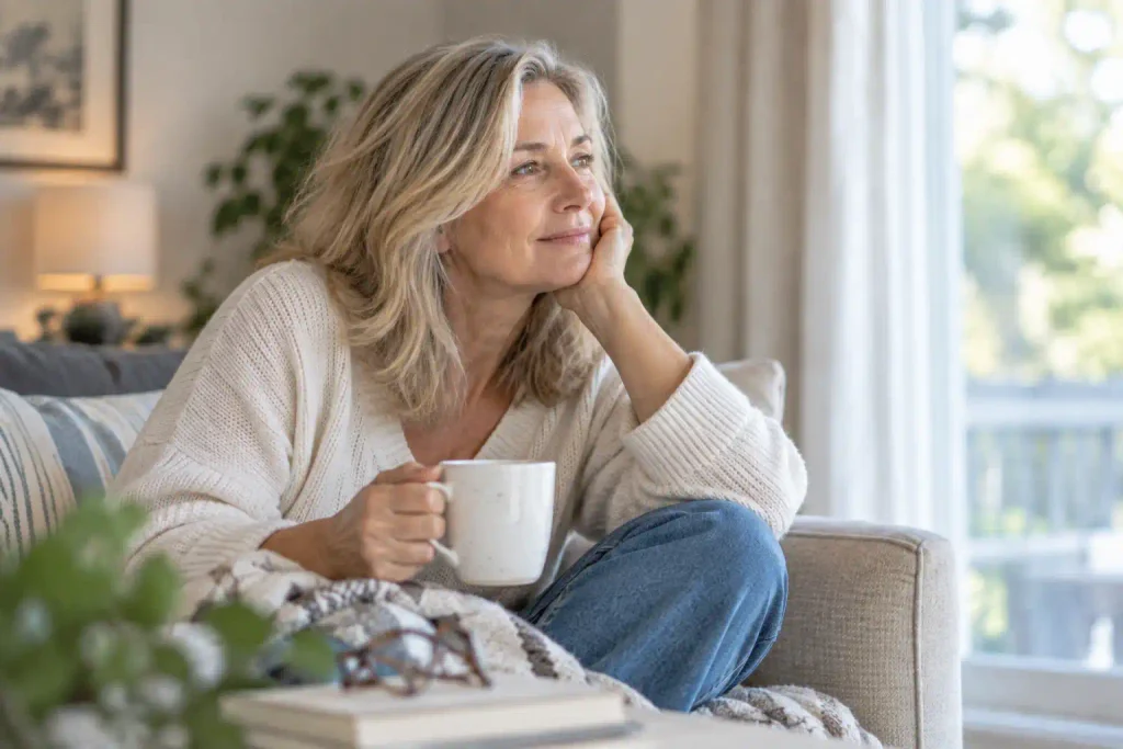 Mature woman relaxing by a window with a cup of coffee