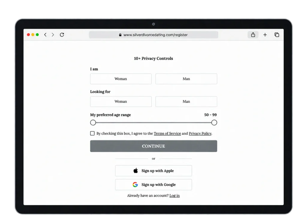 SilverDivorceDating registration page on desktop
