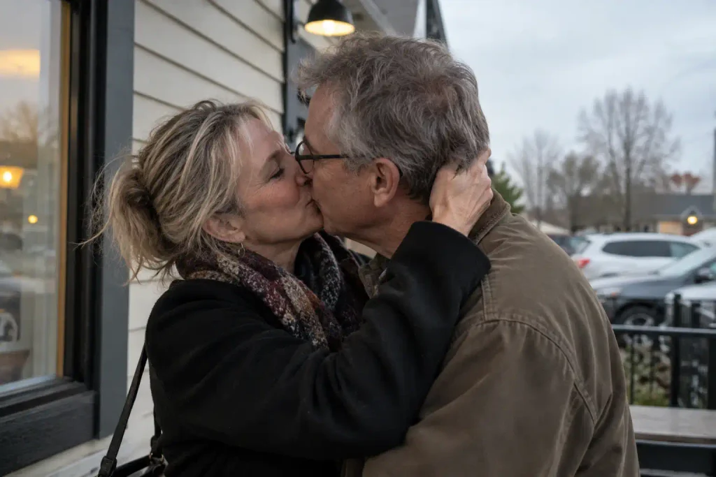 Mature couple sharing a kiss after a date