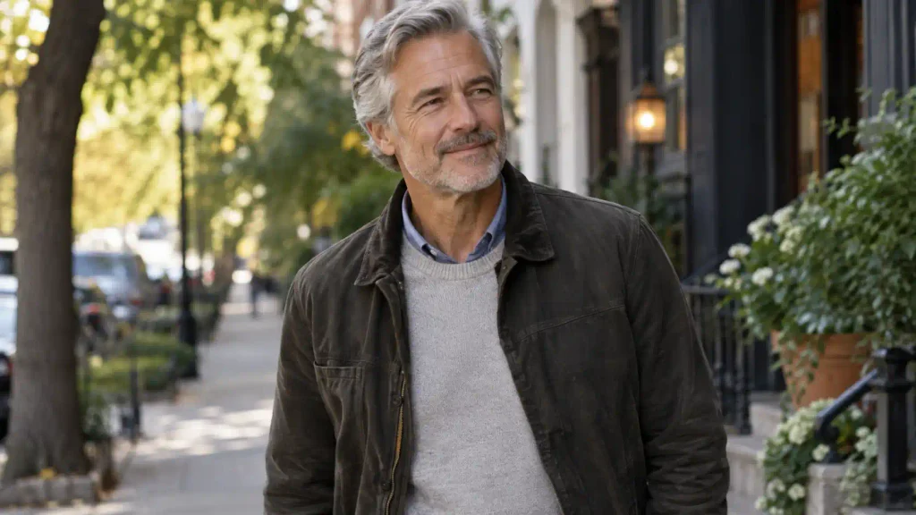 Confident silver-haired man over 50 enjoying a walk outdoors