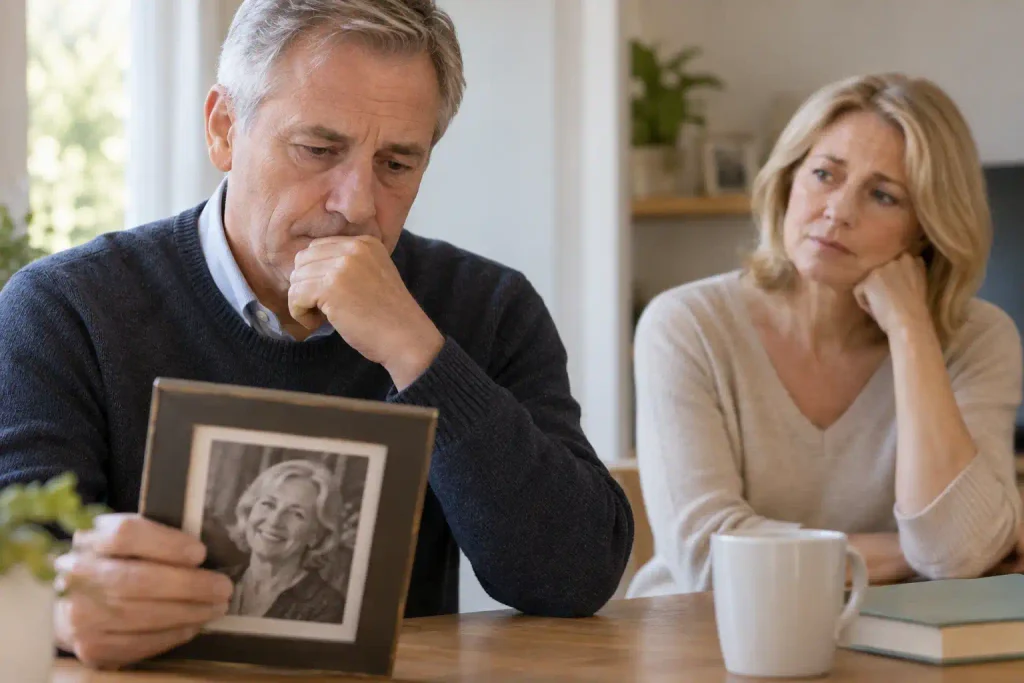 Widower reflecting on a photo of his late wife while dating someone new