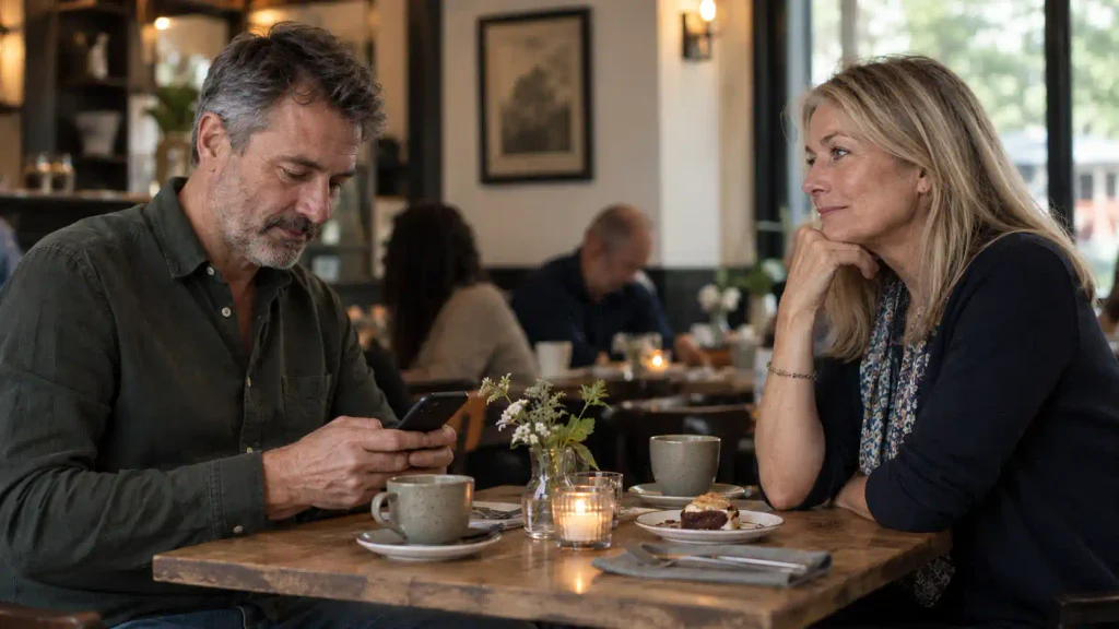 Couple over 50 on a date while one checks a phone