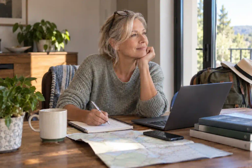 Woman over 50 independently planning a trip at home with a map and laptop