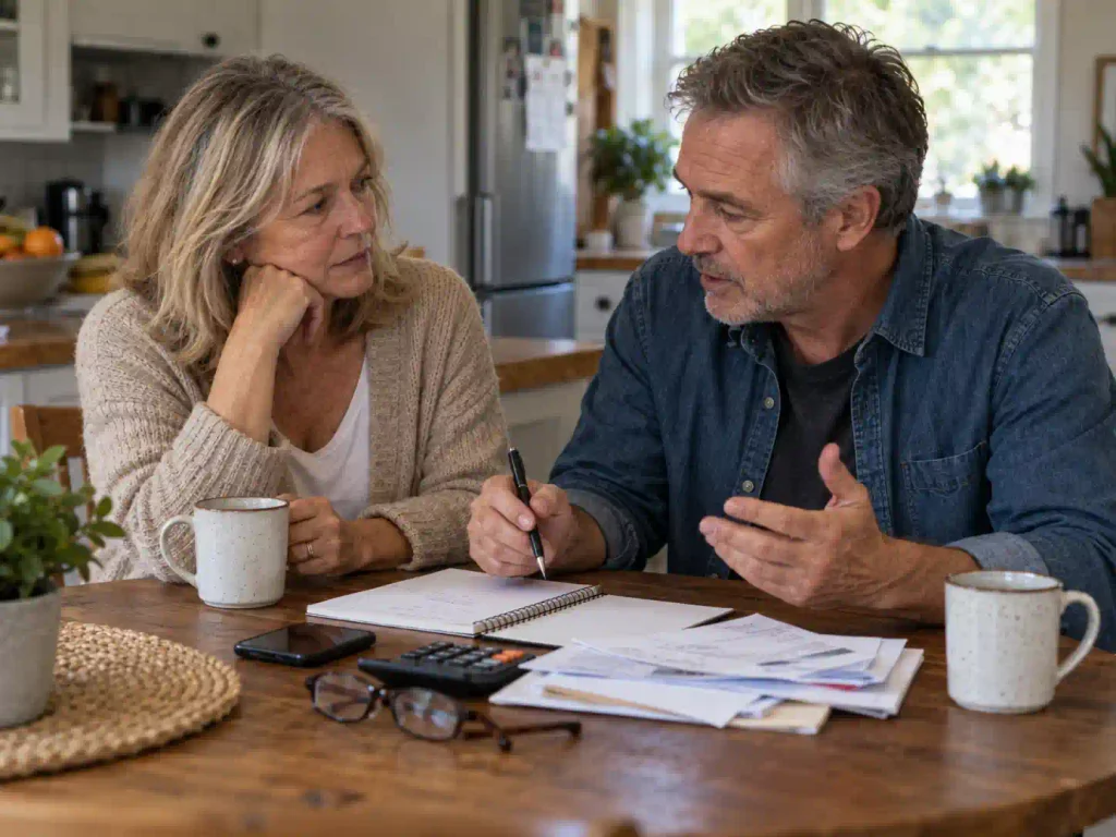 Couple over 50 discussing finances together at a kitchen table
