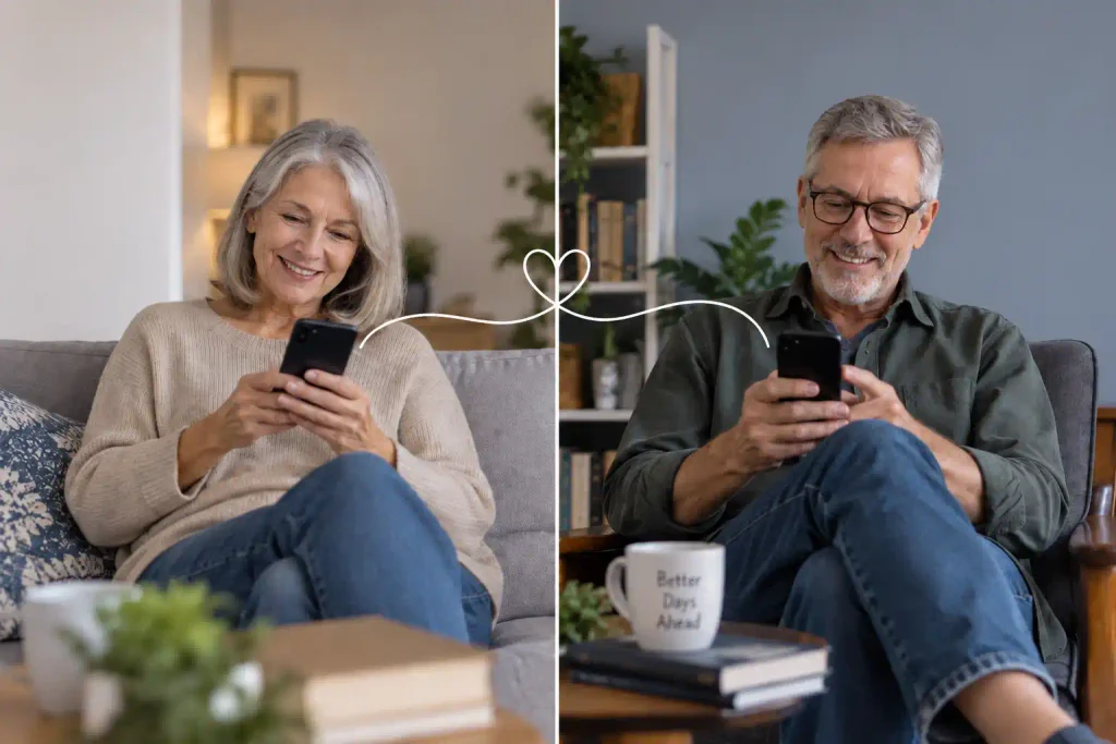 Older couple over 60 texting from separate homes