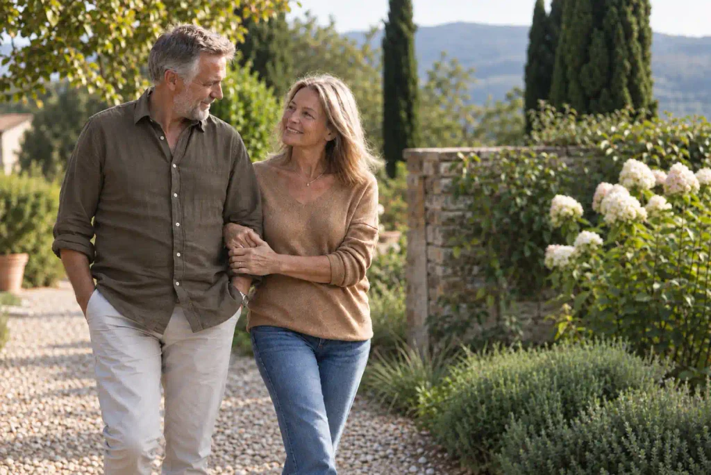 Couple over 50 walking arm in arm on a sunny coastal path