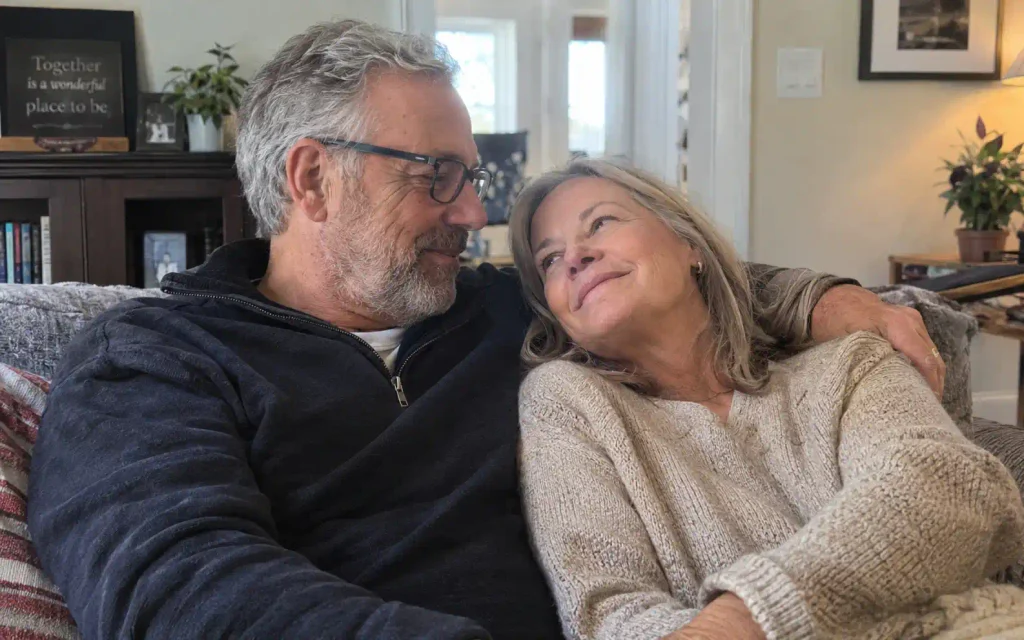 Older couple relaxing closely together on a sofa at home