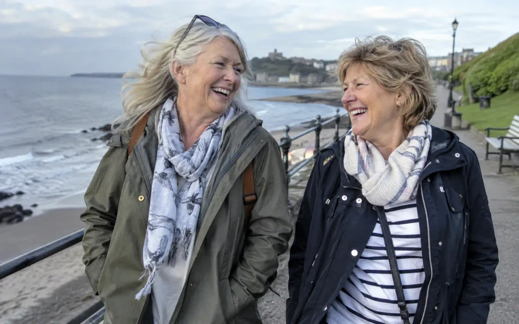 Two women over 50 laughing together on a seaside walk