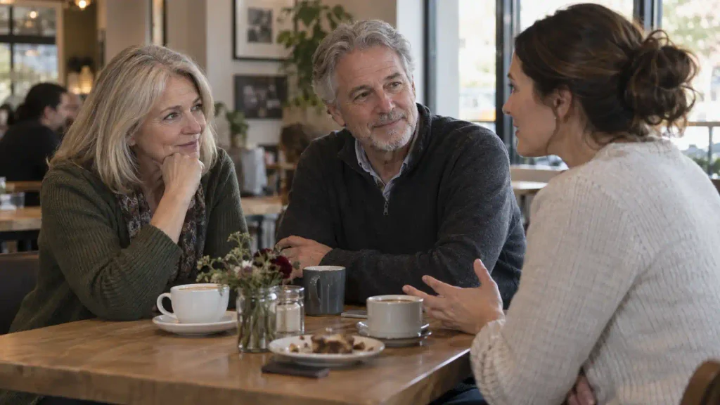 Older couple meeting an adult daughter for coffee at a cafe