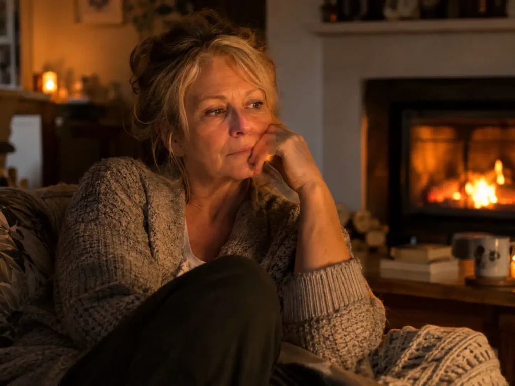 Widowed woman reflecting by the fire