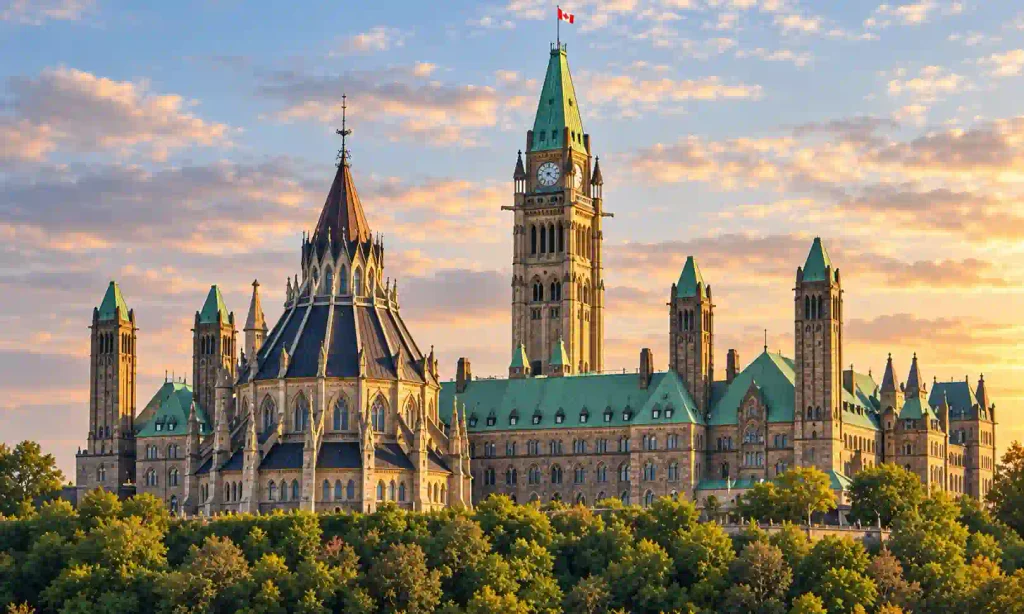 Parliament Hill in Ottawa under a warm sunset sky
