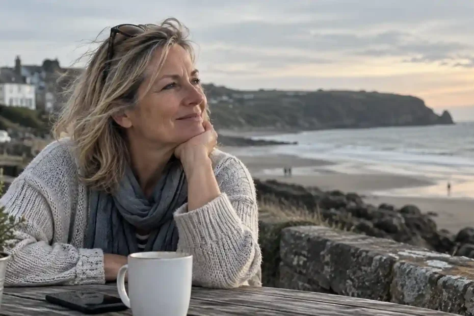 Woman over 50 reflecting on dating after divorce by the coast