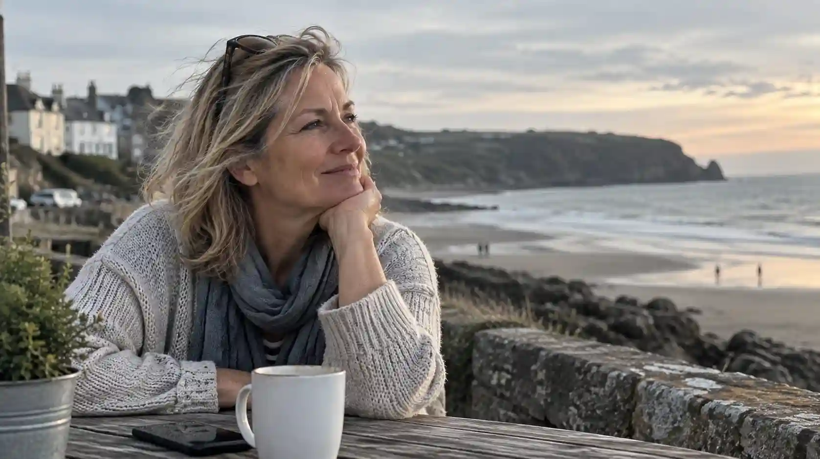 Woman over 50 reflecting on dating after divorce by the coast