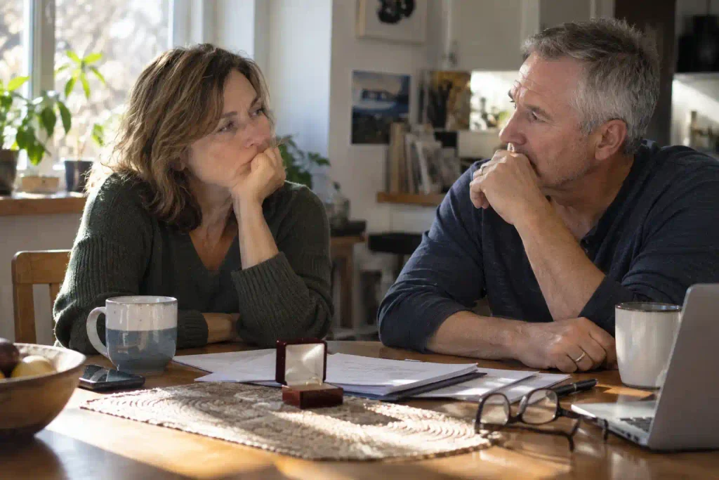 Couple over 50 discussing marriage again after divorce at home