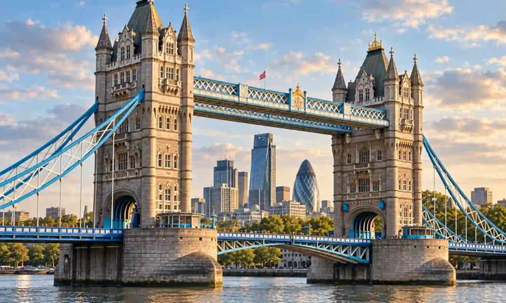 Tower Bridge with the London skyline at sunset