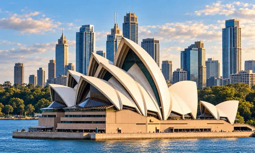 Sydney Opera House with the city skyline at sunset