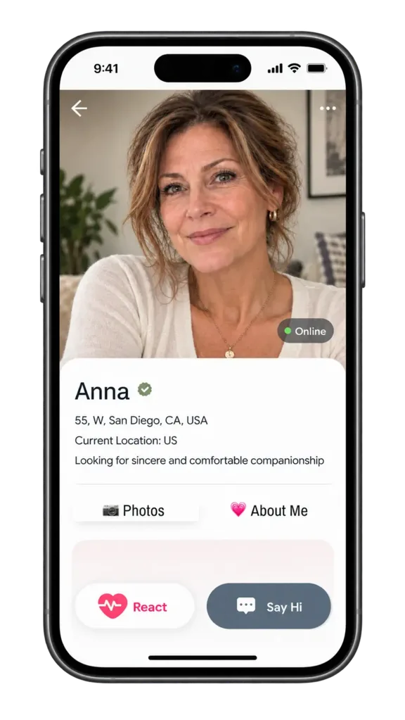Dating profile preview showing React and Say Hi controls