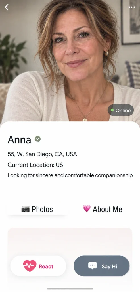Dating profile for Anna, 55, with ways to connect