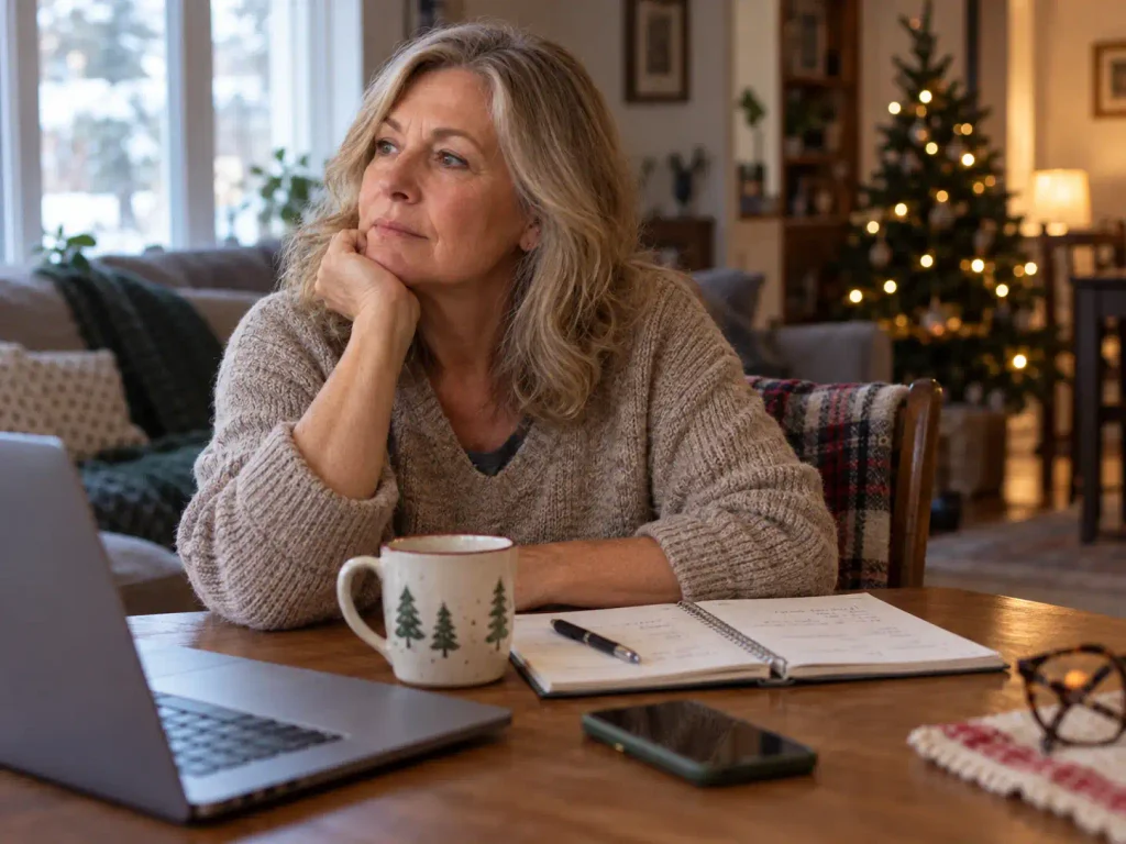 Woman over 50 reflecting on holiday plans and a new relationship during cuffing season