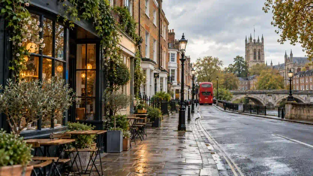 Quiet British street with a traditional café, historic buildings, a red double-decker bus and a stone bridge