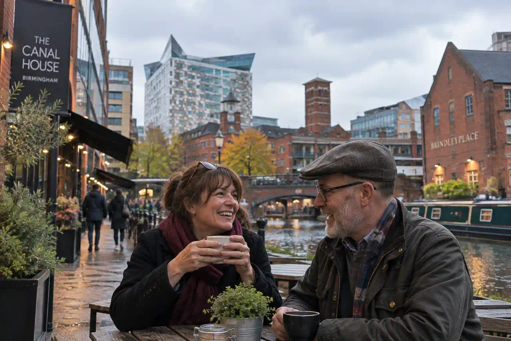 Senior couple enjoying coffee by Birmingham's canals.