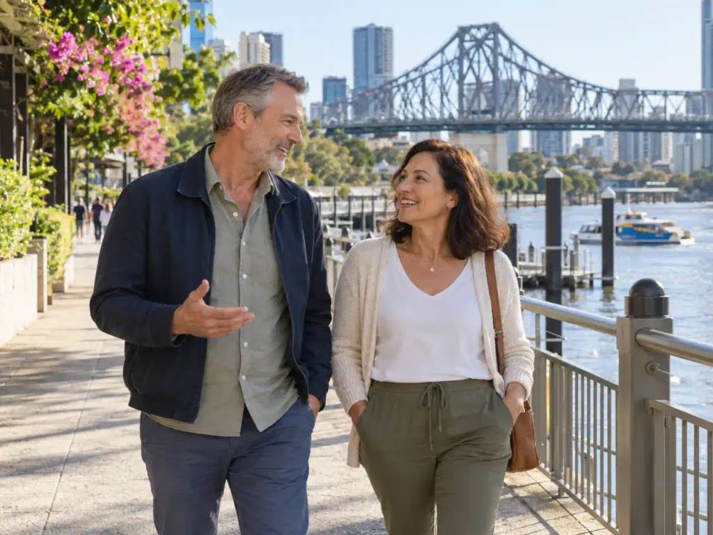 Senior couple strolling along Brisbane River with Story Bridge in the background