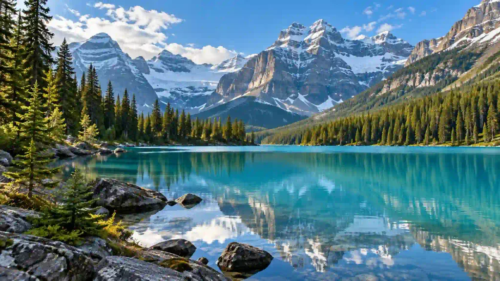 Turquoise alpine lake surrounded by evergreen forests and snow-capped mountains in Canada