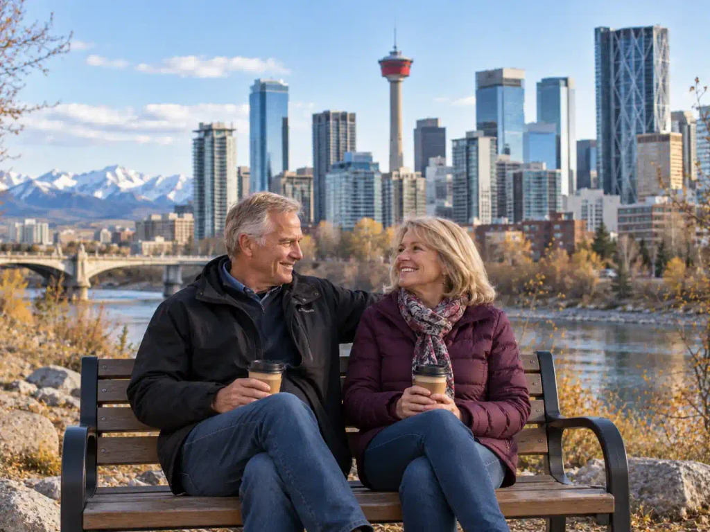 Senior couple sharing coffee by Calgary's Bow River