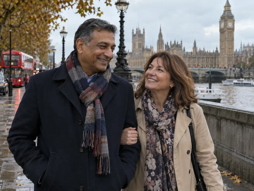 Senior couple walking by Big Ben in London