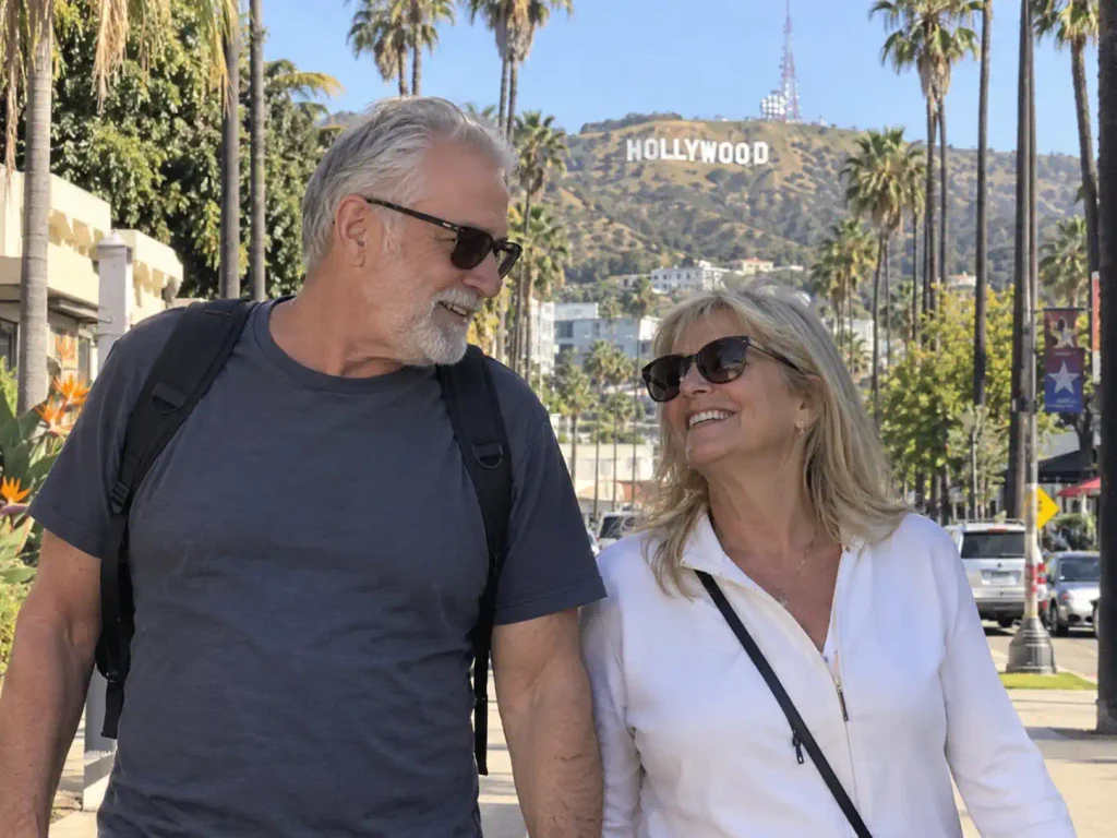 Senior couple dating near the Hollywood Sign in LA