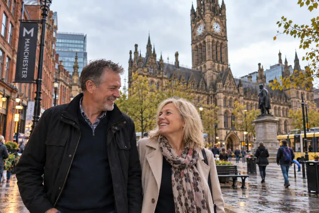 Senior couple walking near Manchester Town Hall