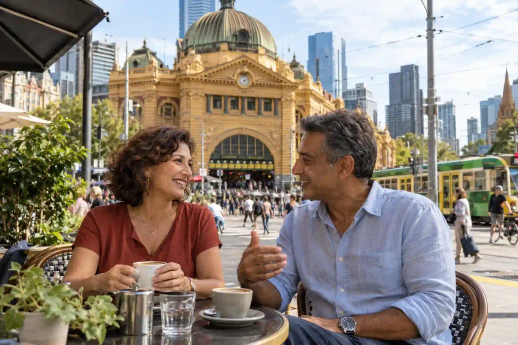 Senior couple enjoying a coffee date near Flinders Street Station in Melbourne
