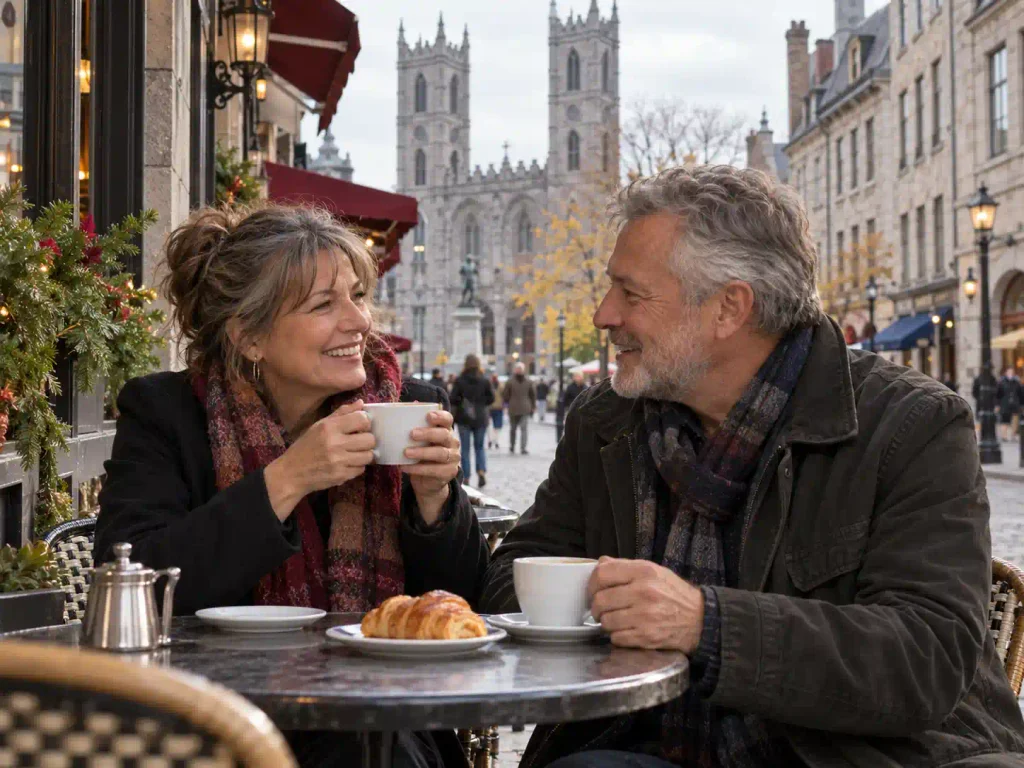 Senior couple enjoying coffee in Old Montreal