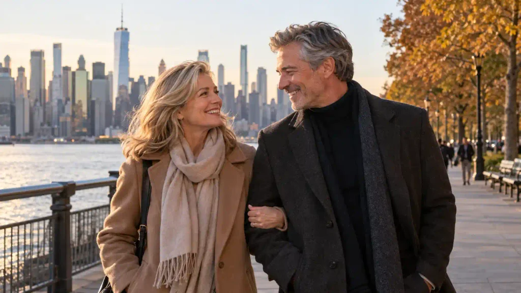 Senior couple walking together by the New York City skyline