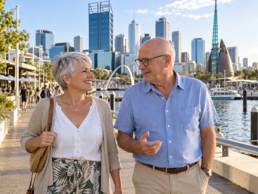 Senior couple walking together at Elizabeth Quay in Perth