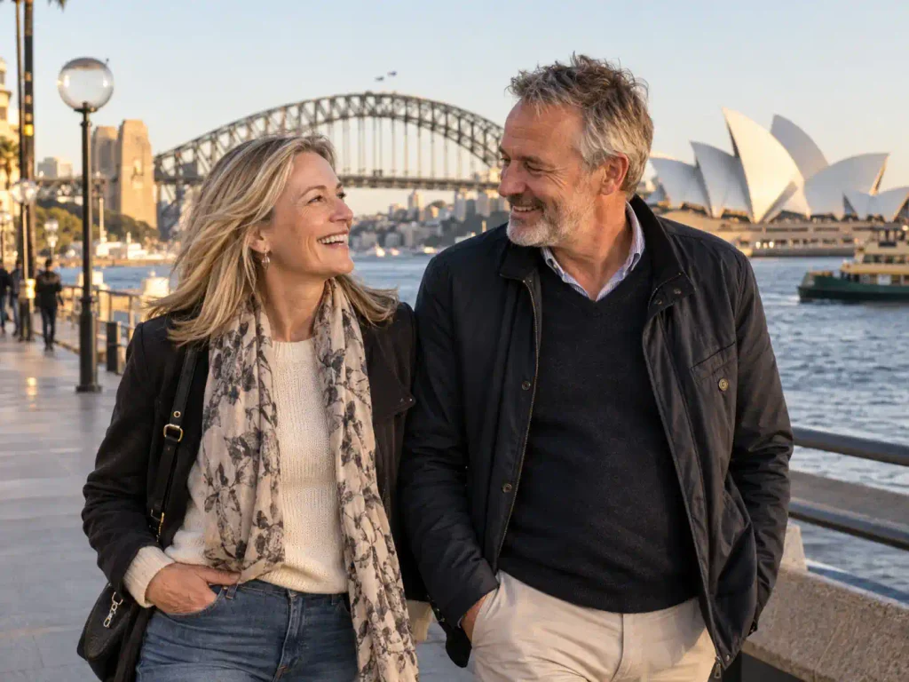 Senior couple walking by Sydney Harbour Bridge and Opera House