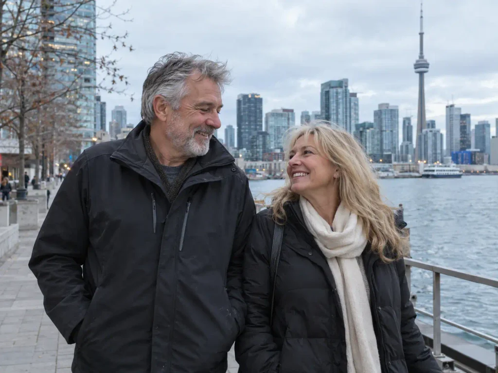 Senior couple walking along Toronto waterfront