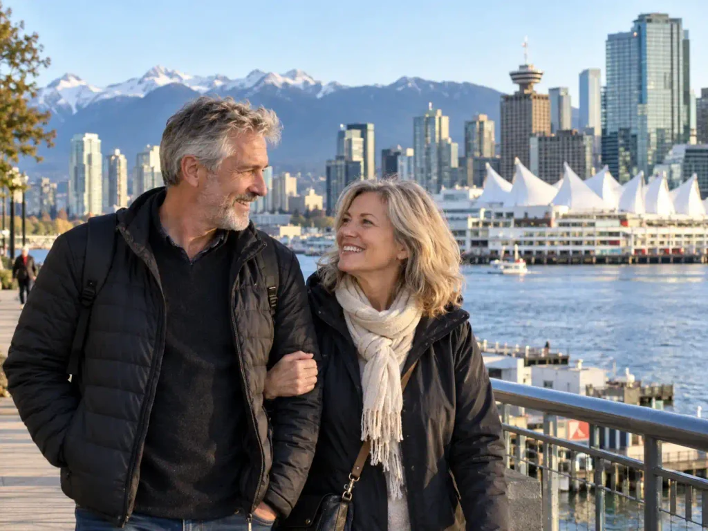Senior couple strolling along Vancouver waterfront