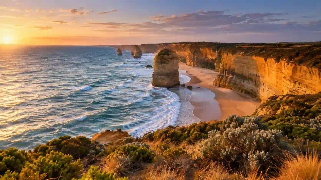 Australian coastal cliffs and limestone rock formations along the ocean at sunset
