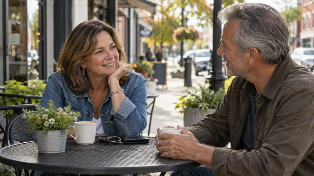 Man and woman over 50 talking over coffee in an American neighborhood