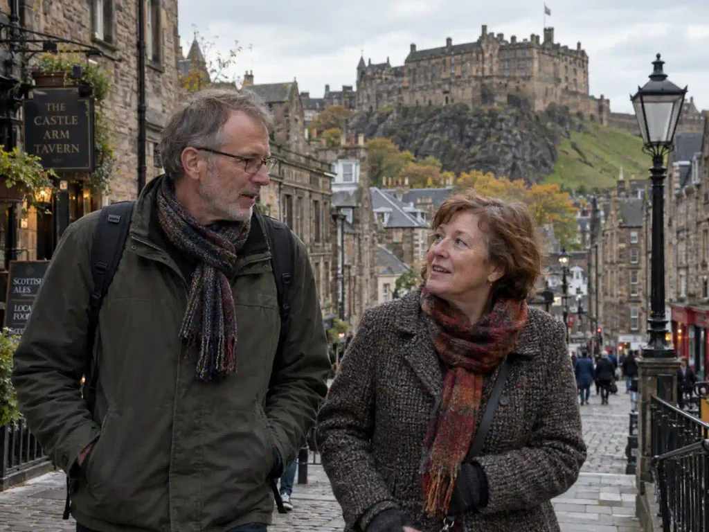 Senior couple walking in Edinburgh with Edinburgh Castle in the background