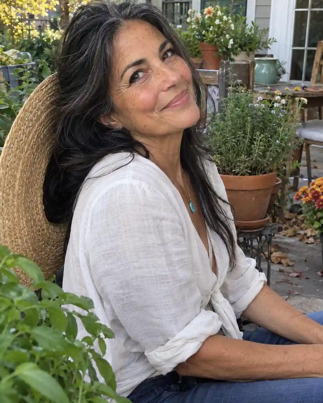 Dark-haired woman in a white blouse on a garden patio
