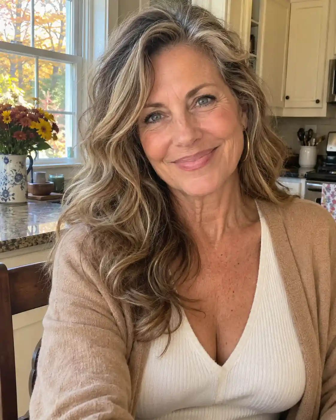 Woman in a beige cardigan in a sunlit kitchen
