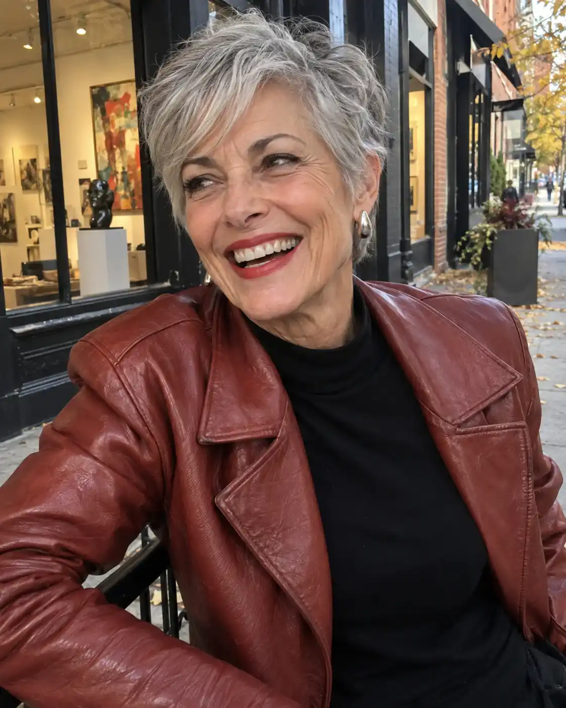 Woman with short silver hair and a rust leather jacket