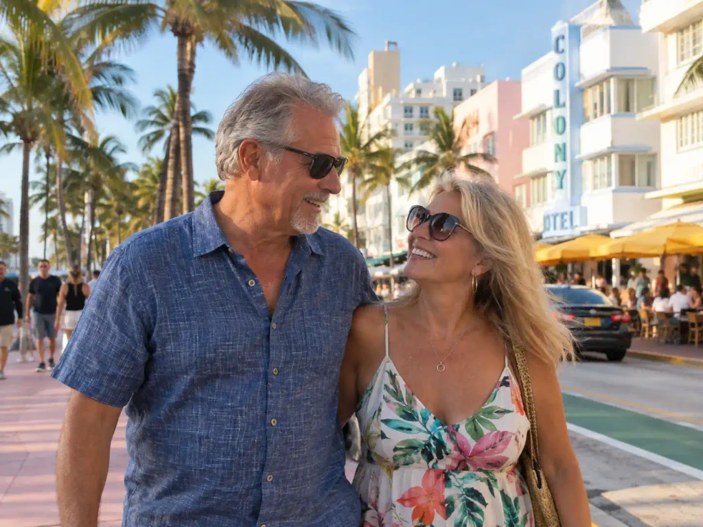 Senior couple dating on Ocean Drive in Miami Beach